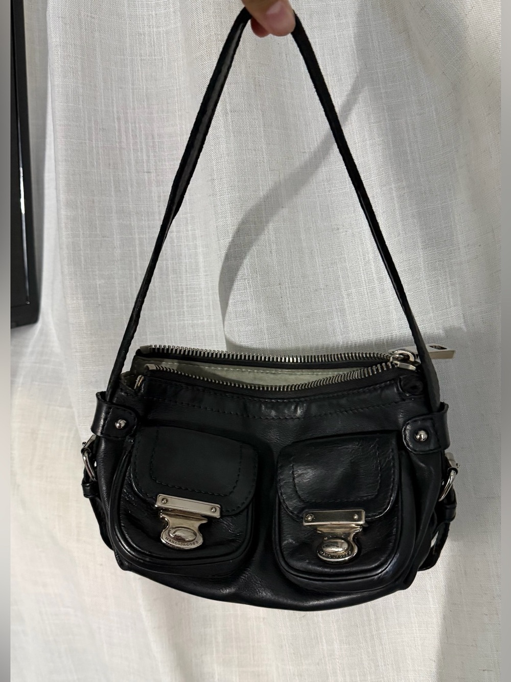 Y2K Marc Jacobs Mini Black Leather Shoulder Bag with Dual Front Pockets *